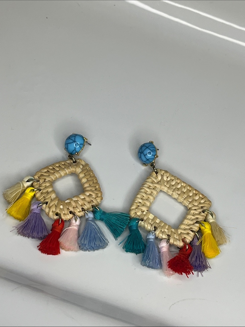 Boho Woven Diamond Tassel Earrings with Turquoise Button - Picture 4 of 6